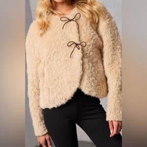 new! Aleda Faux Fur Asymmetric Front Bow Jacket